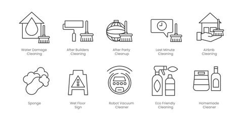 Cleaning  Outline Icons Set – Sponge, Eco Friendly Cleaning, Homemade Cleaner, Robot Vacuum Cleaner, Wet Floor Sign, Editable Stroke.