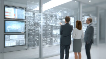 Fototapeta premium team reviewing digital logs with holographic UI elements
