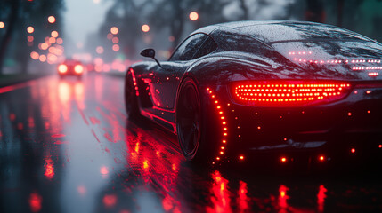 Sports car with glowing red taillights driving on wet road during night, luxury automotive concept with dramatic lighting reflections