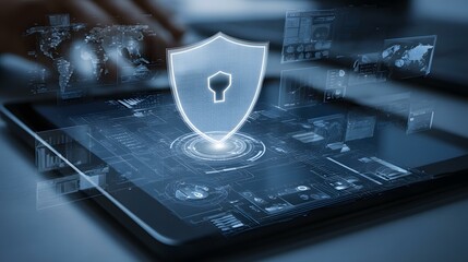 icon hovering over a tablet with data protection graphics