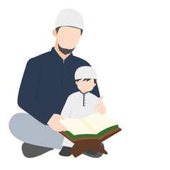 Muslim father and son reading qur'an together