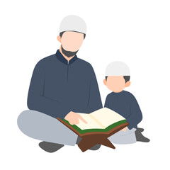 Muslim father and son reading book together