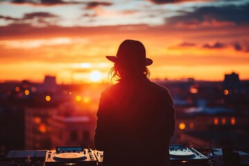 DJ performing at sunset on a rooftop, with city skyline in the background and vibrant colors