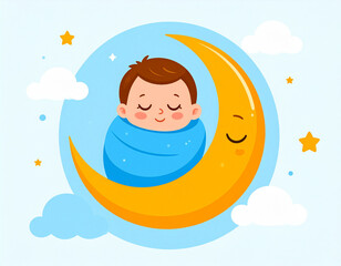 Minimal illustration of a sleeping baby wrapped in a soft blanket, lying on a crescent moon