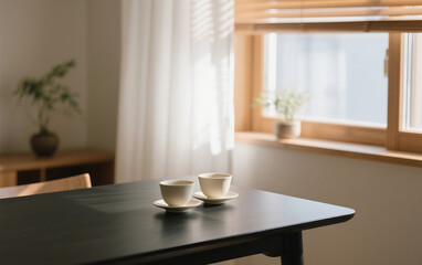 "A matte cream ceramic tea cup in a minimalist style, placed on a matte black table near a large window with warm morning light filtering through white linen curtains. The room's interior follows 