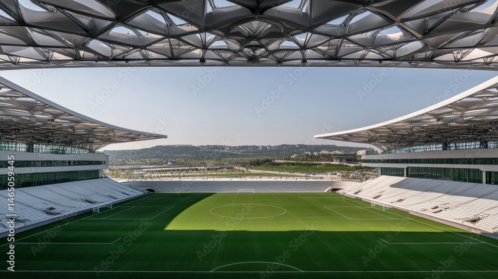 Poster empty football stadium with surrounding exotic architecture and vast open skies
