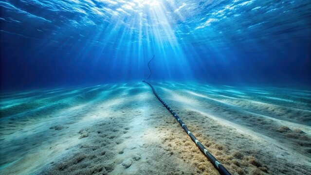 Dark blue water with an underwater cable laid on the ocean floor