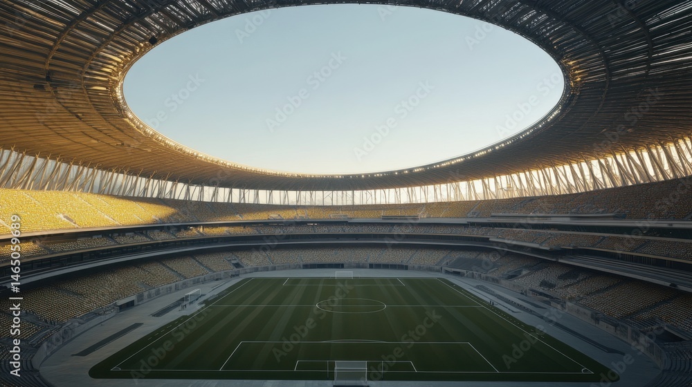 Poster empty football stadium with surrounding exotic architecture and vast open skies