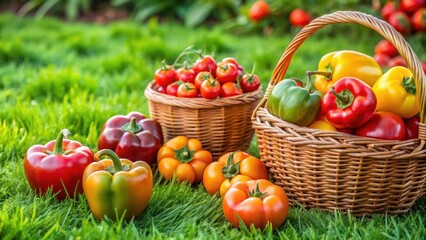 Fresh Tomatoes and Bell Peppers in Baskets on Green Grass, farm fresh, fresh market