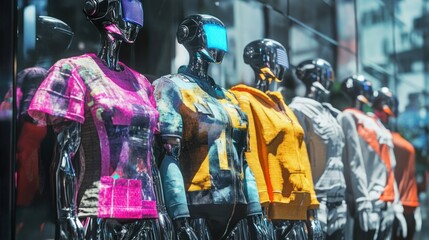 Fototapeta premium Futuristic mannequins display vibrant clothing in a modern storefront, reflecting urban lifestyle trends