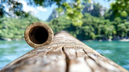 Naklejka premium Close Up of Bamboo Log with Blurred Water and Lush Greenery