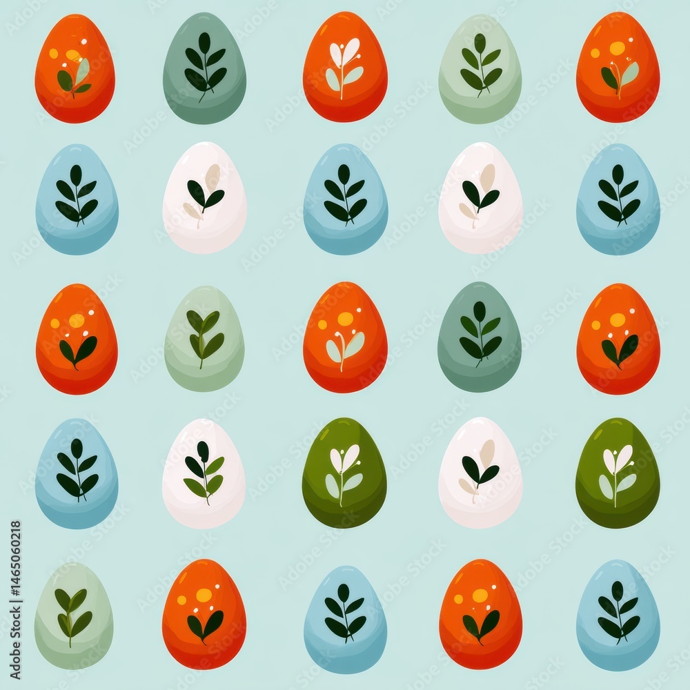Poster symmetrical flat pattern featuring colorful egg icons with floral designs arranged neatly across a l