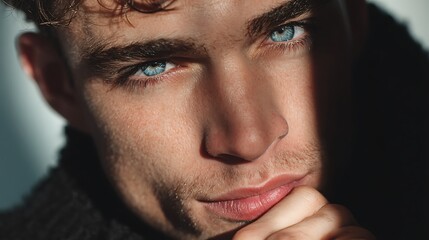 Obraz premium Man with piercing blue eyes, intense light shadows