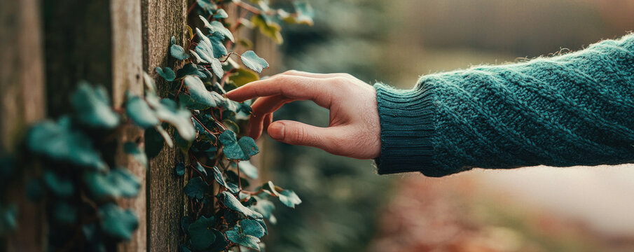 Hand in green sweater gently touches vine curling around wooden fence, evoking sense of connection with nature