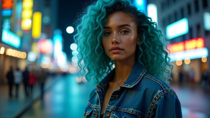 A captivating woman with turquoise hair stands in a neon-lit city street, exuding confidence. Her expression is calm, with a hint of allure