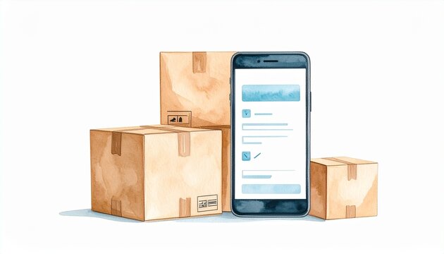 Shopping ecommerce consumer smartphone watercolor concept. Digital illustration of boxes and a smartphone showing an app interface.