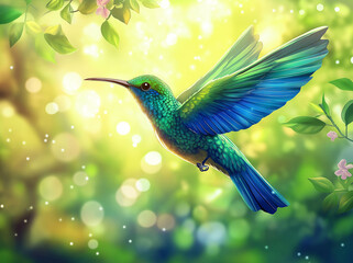 Fototapeta premium A vibrant blue and green hummingbird with outstretched wings.