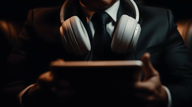 reclining on a couch with laptop on knees and headphones on, focused expression