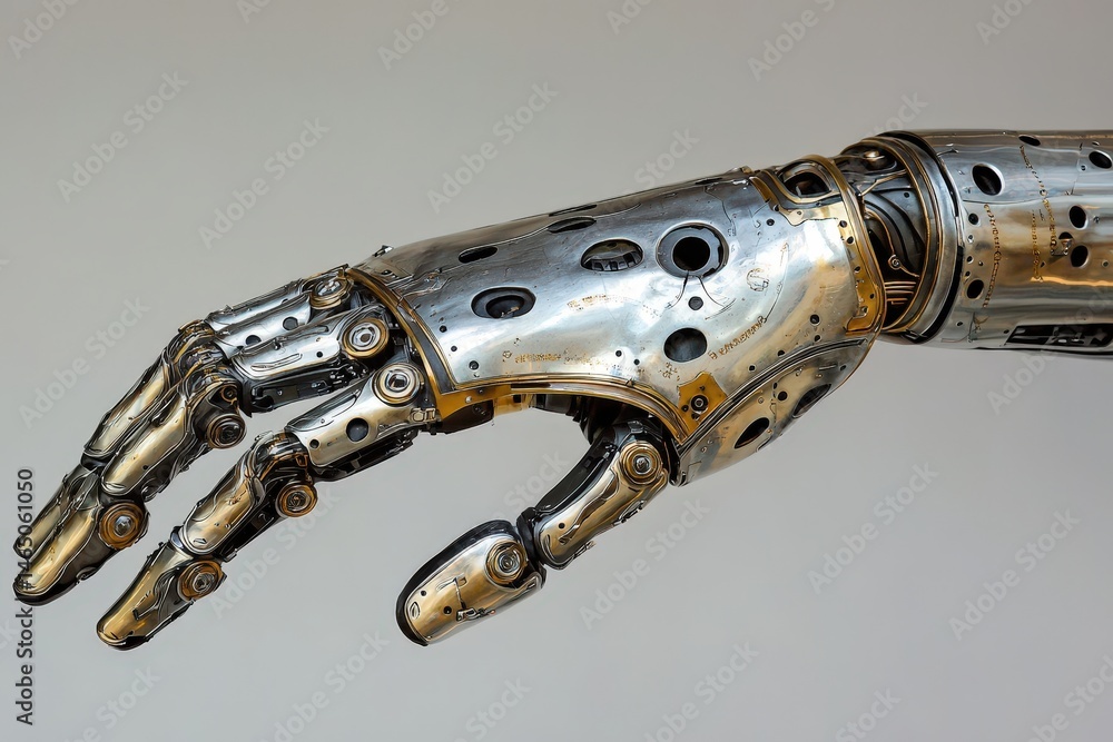 Poster a metallic robotic hand with intricate mechanical details is extended against a plain background.