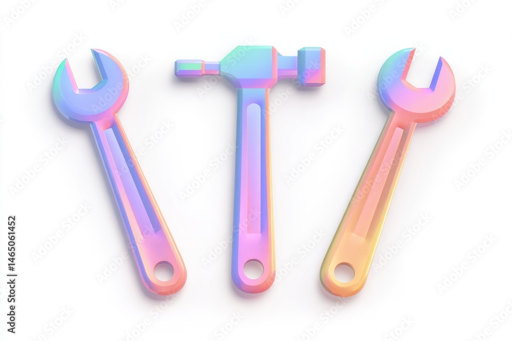 Poster Colorful Pastel Gradient With Floating Wrench and Hammer Icons in a Creative Workspace Generative AI