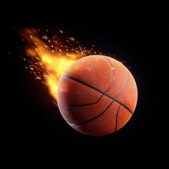 Fototapeta premium flaming basketball with intense fire trail, sparks flying, isolated on black background, dynamic lighting, photorealistic, clipping path ready --quality 4 --raw --profile u38z5ol.