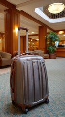 Suitcase in a hotel lobby awaits travel, vacation or holiday.