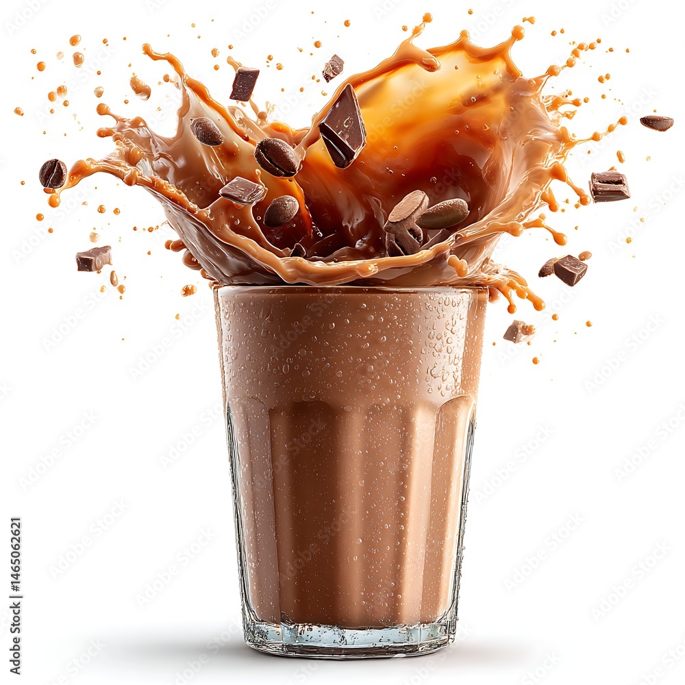 Poster cocoa splash: a captivating moment as a luscious cocoa beverage explodes upwards from a glass, adorn