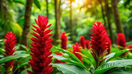 Vibrant Red Zingiber Flowers in a lush green forest, exotic flowers, jungle flowers