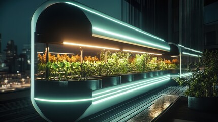 Futuristic indoor garden with illuminated hydroponic system showcasing vibrant plants at night