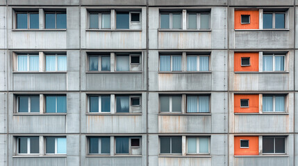 Obraz premium Symmetrical facade of a worn concrete apartment block with repetitive windows and orange accent panels.