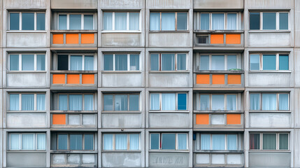 Obraz premium Front view of concrete apartment building with grid of windows and orange balcony panels in symmetrical brutalist architecture