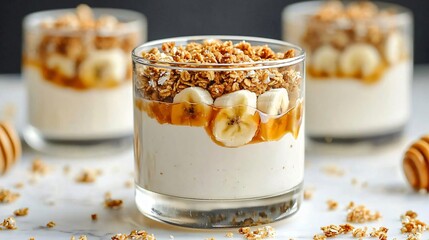 Layered yoghurt parfait with granola and sliced banana in a clear glass, placed on white marble with scattered oat crumbs and honey drizzle, modern minimalist food styling