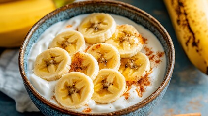 Vanilla yoghurt topped with caramelized banana slices and a touch of cinnamon, rustic ceramic dish, warm soft light from the side, breakfast concept, realistic food texture