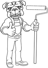 A bulldog painter decorator handyman cartoon construction man mascot character holding a paint roller tool