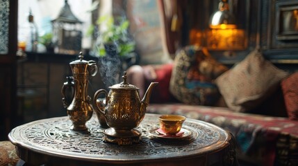Fototapeta premium Traditional brass tea maker in a cozy tea room