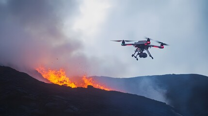 Fototapeta na wymiar A scientific drone collecting volcanic gas samples mid-flight