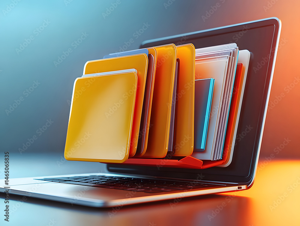 Poster modern data management: folder and documents exiting a laptop