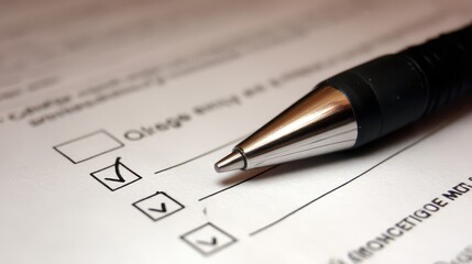 Close-up view of a pen resting on a checklist form.