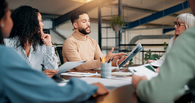 Portfolio, talking or designers in meeting in agency for creative project, startup or feedback. Review, interior design paperwork and people with teamwork for brainstorming, planning or collaboration