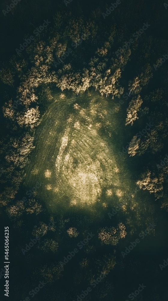 Poster aerial perspective showcasing the intricate canopy and patterns of a dense thriving forest ecosystem