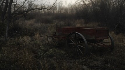 Fototapeta na wymiar An old weathered wagon sits abandoned in a serene overgrown countryside scene surrounded by trees grass and a sense of solitude and forgotten history