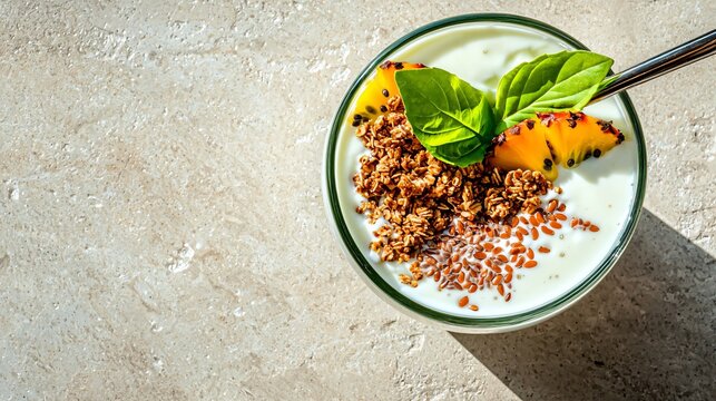 Realistic overhead shot of yoghurt and granola combo with tropical fruit slices and flaxseeds, placed on stone countertop, morning sunlight for fresh, clean vibe