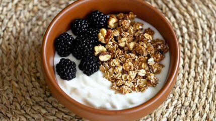 Top-down composition with a rustic bowl of yoghurt, oat clusters, chopped walnuts and blackberries, placed on woven placemat, natural light and clean styling