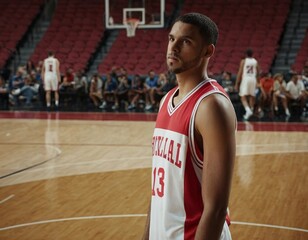 A male athlete in a red and white basketball uniform gazes upward on a sports court.