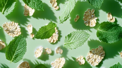 Gooseberries, oat flakes, and fresh mint leaves flying above greek yoghurt, pale sage pastel tones, editorial food photography with soft backlight