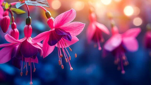 close up pink fuchsia flower with sunlight, dreamy springtime flower background	

