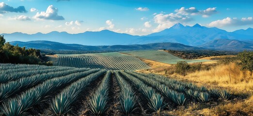 Expansive agave fields stretch across a hillside landscape, meeting the horizon under a vibrant sky