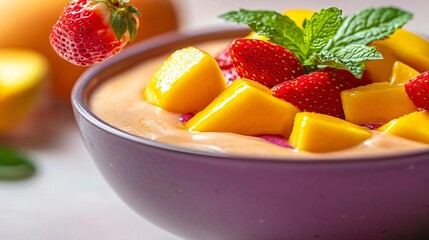 Fresh mango chunks, strawberry slices, and mint hovering over smoothie bowl with vibrant purple base, light peach background, high-resolution frozen motion concept