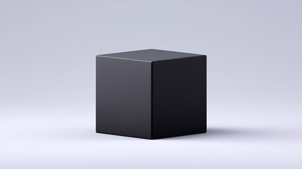 Matte black cube stand on a smooth light gray background, symmetrical composition, balanced lighting, commercial wide shot with space for branding elements