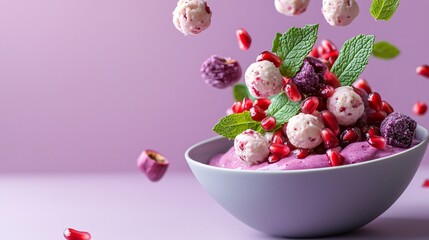 Melon balls, pomegranate seeds, and mint leaves swirling above a smoothie bowl in soft lavender tones, floating layout with clean background